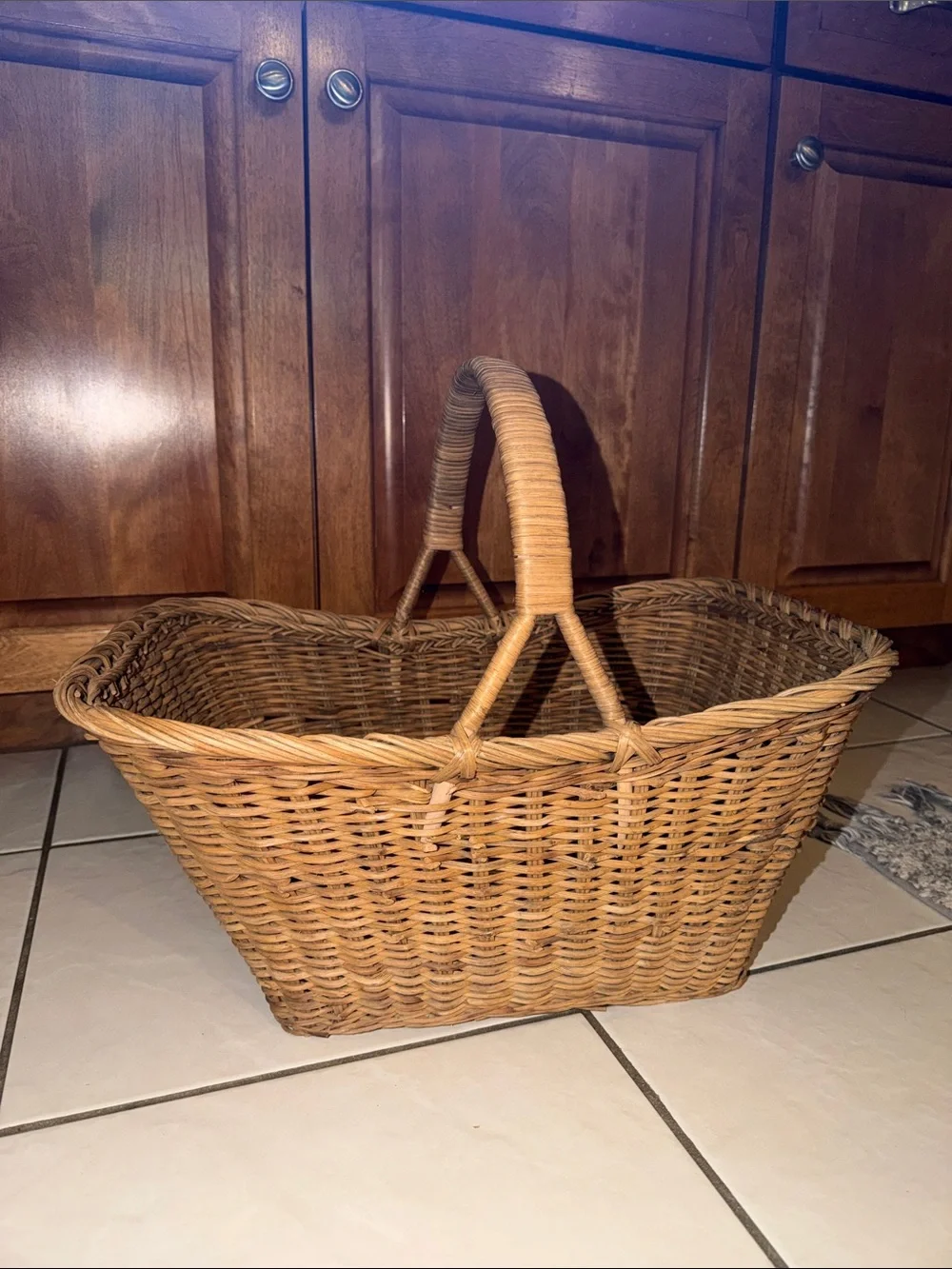 Vintage Woven Rattan Basket Tote - Natural Brown